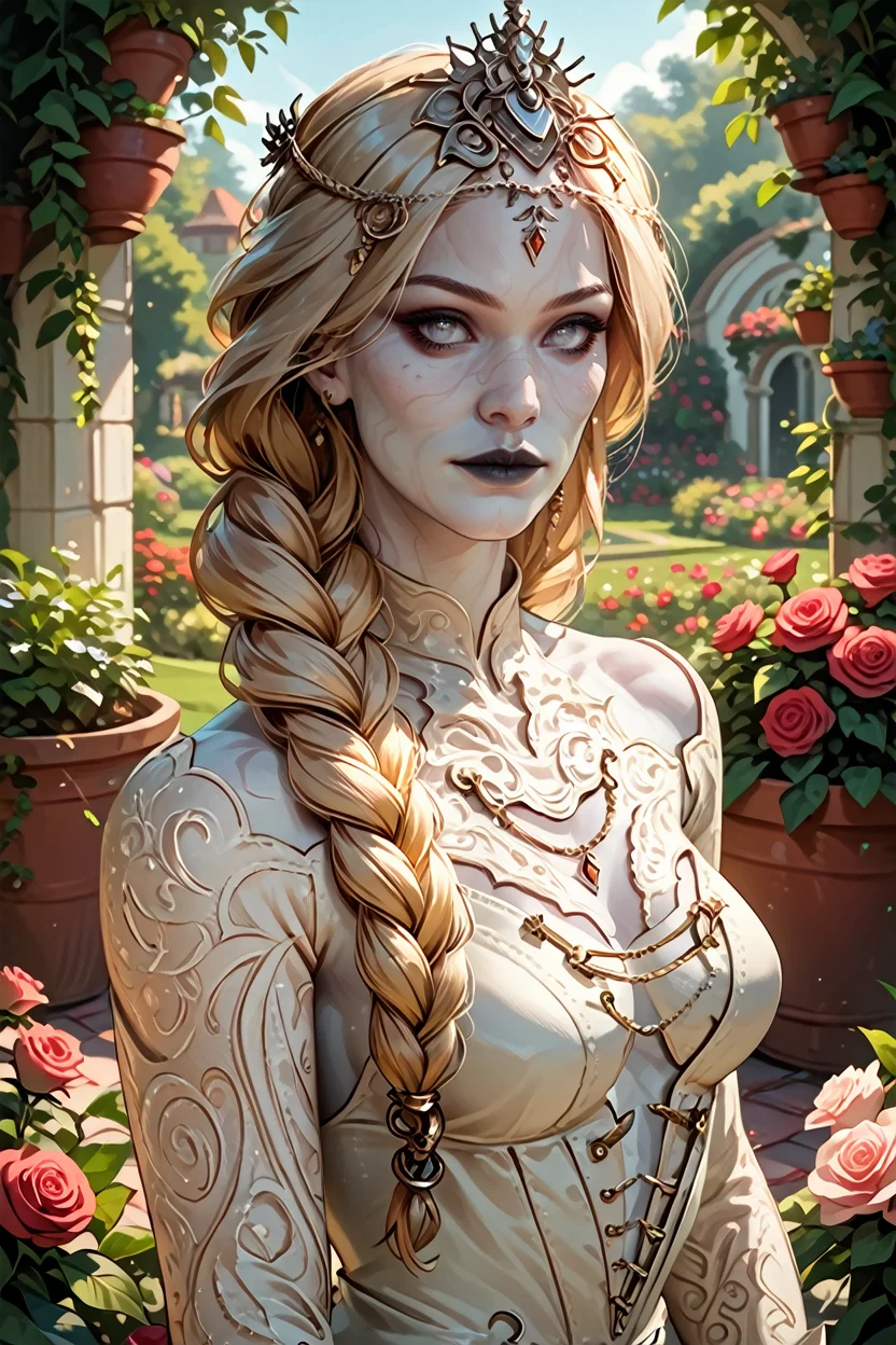 score_9, score_8_up, score_7_up, score_6_up
<lora:BGOrin:1.0>
BGOrin, 1girl, blonde hair, white eyes, colored skin, braid, long hair, looking at viewer, Looking over shoulder, rose garden, gardening, floral background