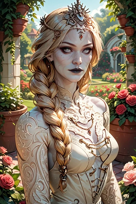 score_9, score_8_up, score_7_up, score_6_up
<lora:BGOrin:1.0>
BGOrin, 1girl, blonde hair, white eyes, colored skin, braid, long hair, looking at viewer, Looking over shoulder, rose garden, gardening, floral background