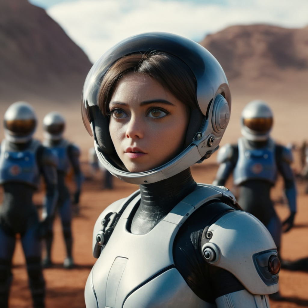 cinematic film still of  <lora:perfection style:0.9>
 <lora:Alita:1>
In futuristic 2563 a bald woman in a space suit standing in front of a group of people on an alien planet,1girl,gloves,holding,weapon,parted lips,multiple boys,solo focus,holding weapon,gun,helmet,holding gun,rifle,science fiction,running,realistic,detailed,real,different,unique,cinematic,dramatic,concept art,filmic,Battle Angel style , big eyes, shallow depth of field, vignette, highly detailed, high budget, bokeh, cinemascope, moody, epic, gorgeous, film grain, grainy