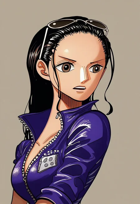 anime screencap, anime_core, score_9, score_8_up, score_7_up, <lora: n1k0r0b1nmangaPONYV1:1> n1k0r0b1nps,1girl,solo, brown eyes,long hair,black hair,hair slicked back,standing, purple jacket, eyewear on head