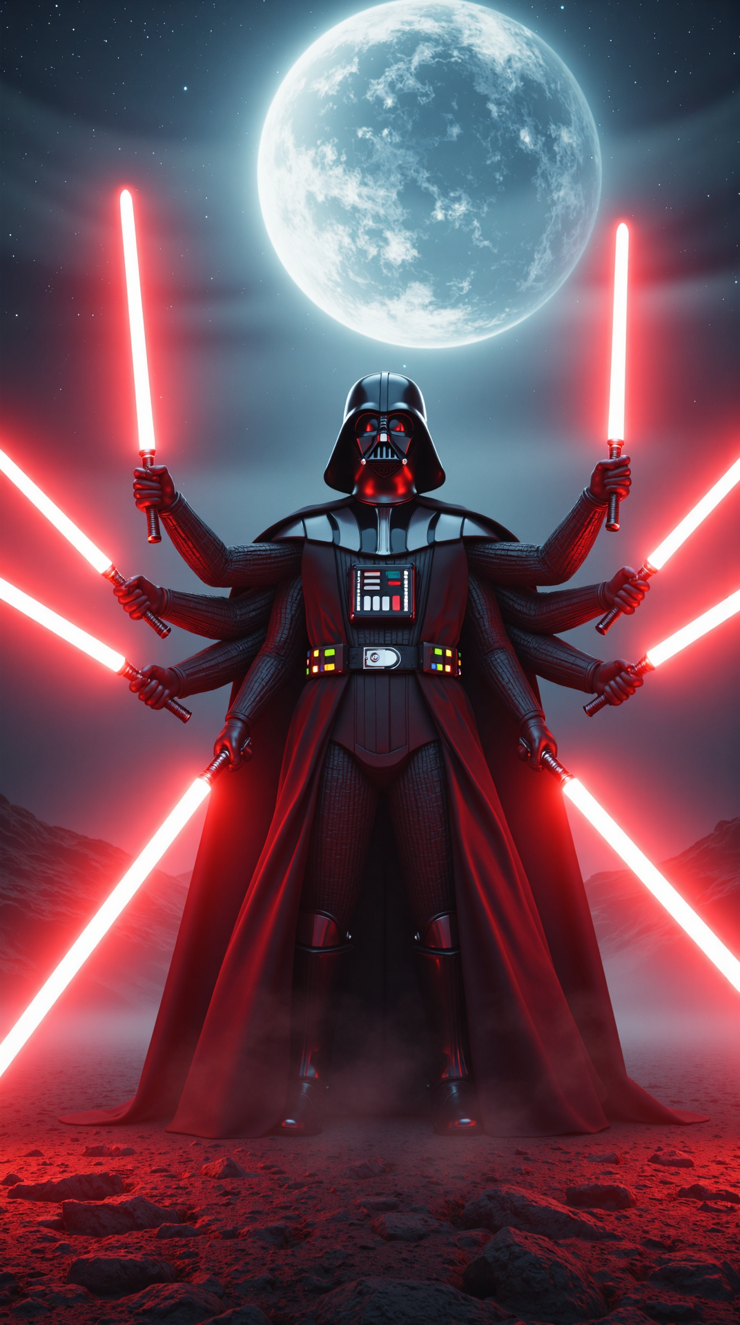 A realistic photo of A dark lord rises: 
"A towering figure emerges from a swirling vortex of shadows, as Darth Vader, the feared Sith Lord, materializes in a blinding flash of light. Darth Vader, manymany arms, is an unstoppable force, wielding an arsenal of deadly lightsabers in each of his twenty-four arms. Some arms stand at attention, poised to strike, while others cradle the glowing hilts of his iconic red lightsabers, channeling the dark side's energy. As he rises, his arms begin to move in a mesmerizing dance, some slicing through the air, while others grasp for the stars above. In the midst of this breathtaking display, one arm extends, beckoning the viewer closer, while another hand reaches out, as if to vanquish a distant foe. In the background, the faint outline of the Death Star looms, a foreboding presence that underscores Darth Vader's unyielding power. The overall atmosphere is one of ominous foreboding, as if the very fabric of the galaxy is on the brink of collapse under the weight of Darth Vader's unrelenting might."
The image is photorealistic and has cinematic vibes. Beautiful atmospheric lighting. Professional photography. <lora:ManyMany:0.6>