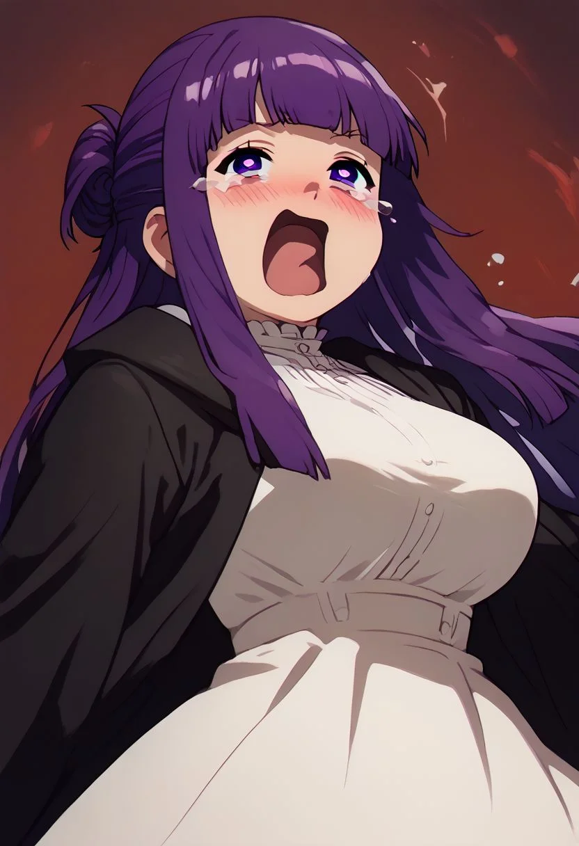 score_9, score_8_up, score_7_up, pinup girl pose, Expressiveh,
(aquascreaming, screaming, open mouth, crying with eyes open),
aesthetic, dramatic angle, unique perspective, unique angle,
big breasts,
patFern, long hair, bangs, purple eyes, purple hair, sidelocks, blunt bangs, bright pupils, half updo, long sleeves, dress, white dress, long dress, robe, black robe,
looking at viewer, dutch angle, solo,
extremely smug, smile,
blush, horny,