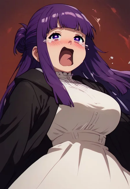 score_9, score_8_up, score_7_up, pinup girl pose, Expressiveh,
(aquascreaming, screaming, open mouth, crying with eyes open),
aesthetic, dramatic angle, unique perspective, unique angle,
big breasts,
patFern, long hair, bangs, purple eyes, purple hair, sidelocks, blunt bangs, bright pupils, half updo, long sleeves, dress, white dress, long dress, robe, black robe,
looking at viewer, dutch angle, solo,
extremely smug, smile,
blush, horny,