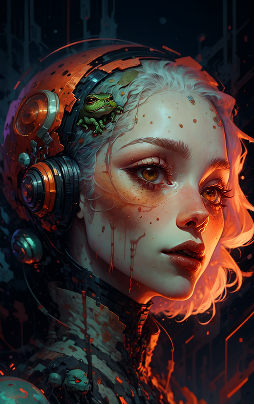 <lora:ultimaDark:1>, a Surrealist shot of 1woman of 50yo (AnÄa BaÅ¡iÄ:1.3), Halo Braid hair, Town Frog Croak,Murky Waters,Mixed-use Building, <lora:Cosmic anime-oil fusion v2:1>