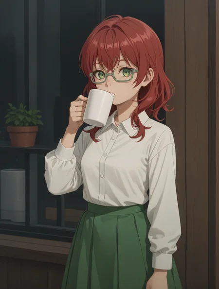 score_9, score_8_up, score_7_up,
1girl,solo,
<lora:dahlia.pony.v2:0.45> dahlia, red hair, green eyes
grey glasses,
teenager,
white shirt, standing, green skirt, holding mug, drinking,