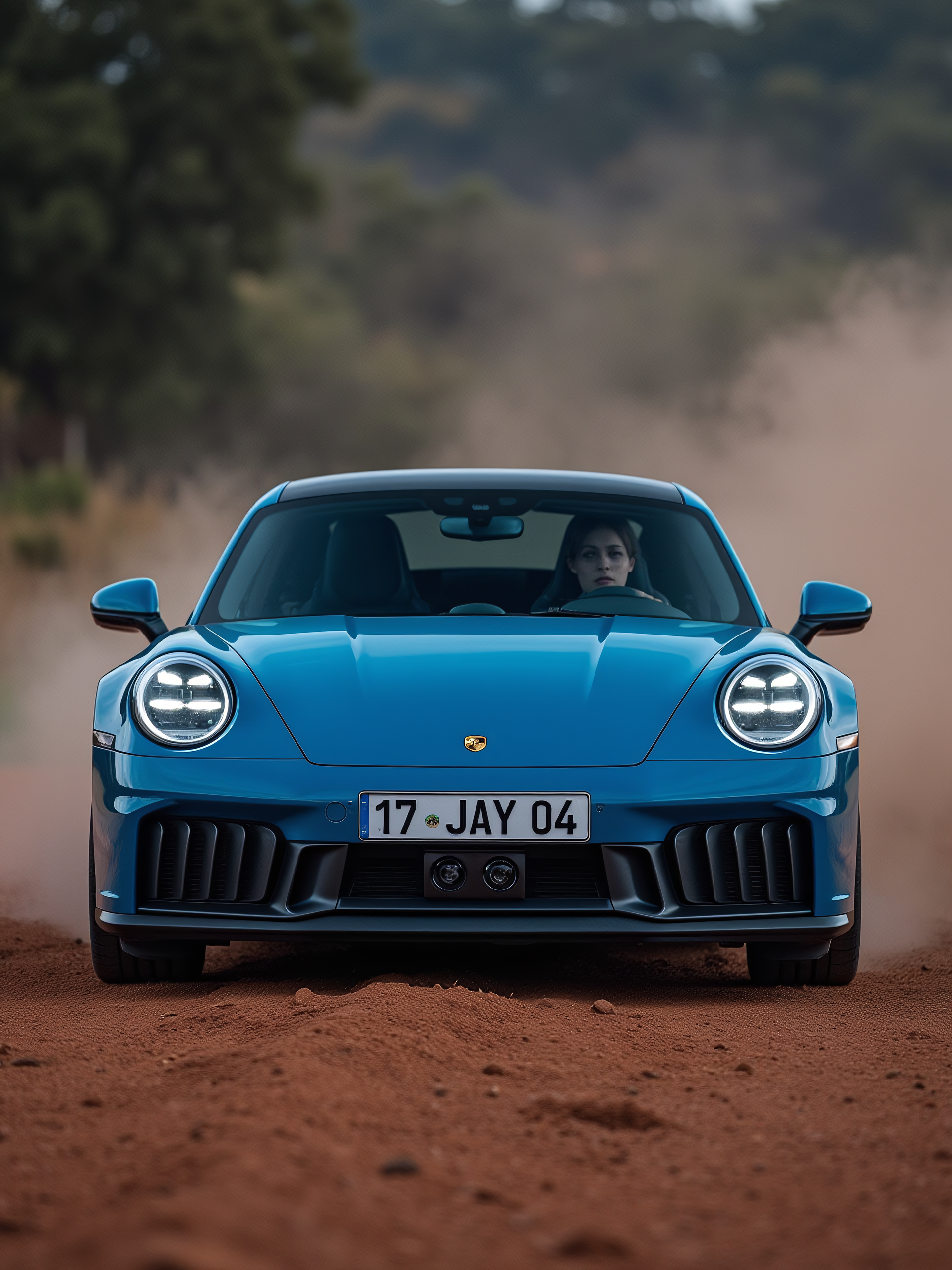 aidmaglow, azur blue porsche 911 gts on a dirt road, glowing headlights, spinning wheels, lot of sand and dust, numberplate reads "17-JAY-04", (spoiler:0), driver