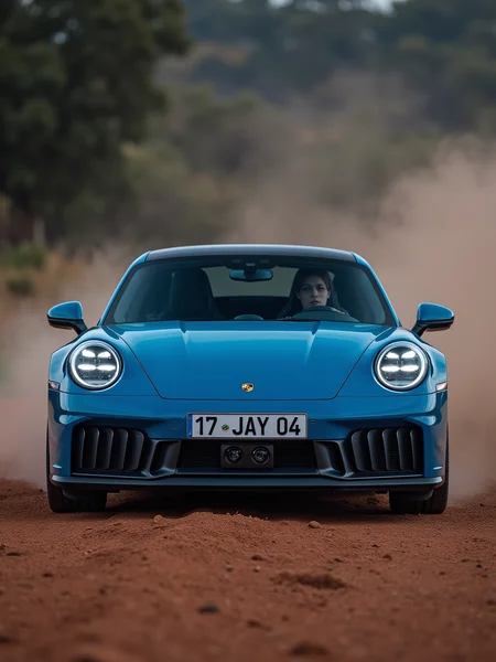 aidmaglow, azur blue porsche 911 gts on a dirt road, glowing headlights, spinning wheels, lot of sand and dust, numberplate reads "17-JAY-04", (spoiler:0), driver