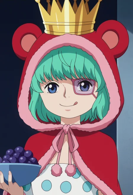 source_anime,anime screencap, anime coloring,intricate details,rating_explicit, masterpiece, best quality,
(best quality, absurd res, ultra detailed),,(4 finger:0.5),1girl, ((solo)), good eyes,perfect eyes,,detailed eyes, zPDXLxxx , zPDXL3,detailed, detailed face
BREAK
solo,indoors,front view,upper body,grapes,
sugar, green hair, short hair, blue eyes, eyepatch, crown, red hood, animal hood, polka dot dress, dress,
smirk, tongue, :P,
, <lora:add-detail-xl:2>  <lora:Sugar:0.8>