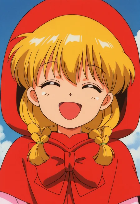 masterpiece, best quality, source_anime,official art,perfect_anatomy,1990s_\(style\),retro_artstyle,chacha,1girl,brown eyes,blonde hair,twintails,twin braids,red dress,red capelet,hood,(beautiful detailed face,closed eyes,happy,smile,^o^),portrait,close to viewer,day,blue_sky,cloud