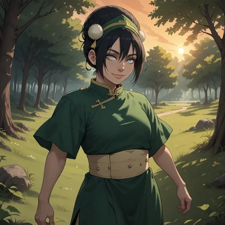 score_9, score_8, BREAK, solo, black hair, short hair, bangs, grey eyes, hair bun, hairband, short sleeves, green tunic, chinese clothes, green baggy capri pants, barefoot, Toph_Bei_Fong_(Avatar), sexy pose, self portrait, smile, outdoors, sunlight, shadows, evening lighting, natural lighting, forest, trees, grass, orange sky, sunset