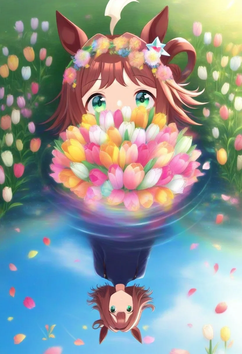 (umamusume, rhein_kraft_(umamusume), horse_ears, horse_girl, tail, 1girl, Tulip, animal_ears,),
casual, field, flower, flower_field, green_eyes, hair_between_eyes, hair_ornament,
head_wreath, looking_at_viewer, solo, , symmetric ,spiralling vortex made of multicoloured tulips,ripples, reflective, jaynl-tm, rainbow, , g0ldsw0rthy,
(realistic, photo, artistic, medium_hair, one_eye_closed, petals, relaxing, lush foliage sunrise, , : 0.7)