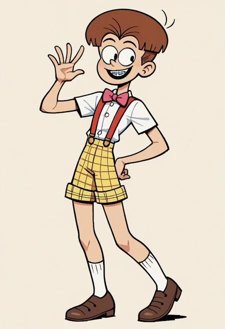 (score_9 | score_8_up | score_7_up) ((masterpiece:1))(best quality,very high quality,ultra detailed:1.2) (2D,cartoon style,anime style)(Smooth:2)(clean blurring) (four fingers on each hand,one thumb on each hand:1), Lane loud, Solo, 1boy, Brown hair, short hair, bowl hairstyle, braces, pink bow tie, white shirt, short sleeved, yellow plaid shorts, red suspenders, Brown shoes, white socks