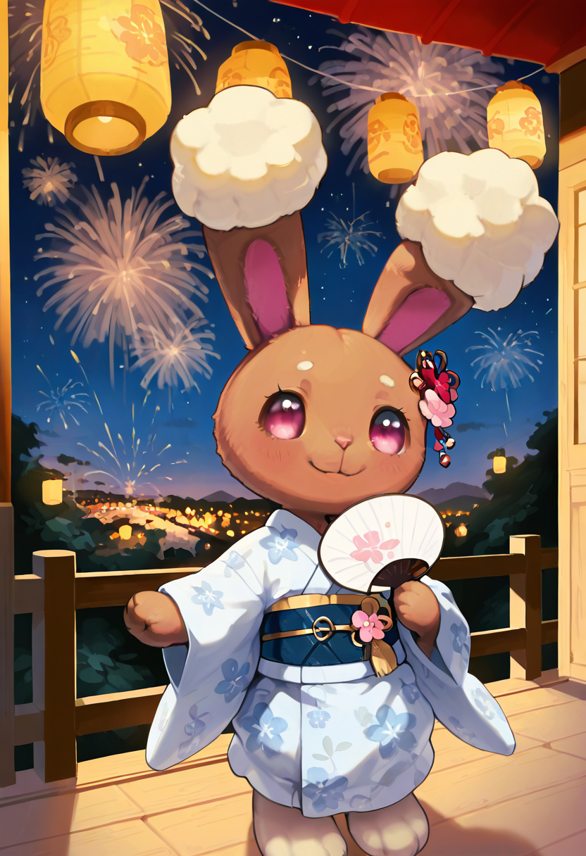 masterpiece, best quality, no humans,    zzBuneary, light pink eyes, short fluffy fur, yukata, floral hairpin, paper fan, fireworks, lanterns, night sky, candid smile, warm lighting, Japanese festival aesthetic â Dressed in a sky-blue yukata patterned with sakura petals, Buneary twirls beneath a canopy of glowing lanterns. A floral hairpin sparkles in her fur, and she clutches a delicate paper fan. Fireworks burst above as festival music plays in the distance, her candid smile lit softly by the ambient glow. She looks over her shoulder, caught in a moment of quiet magic.  <lora:BunearyPokedex_IXL:1.0>,