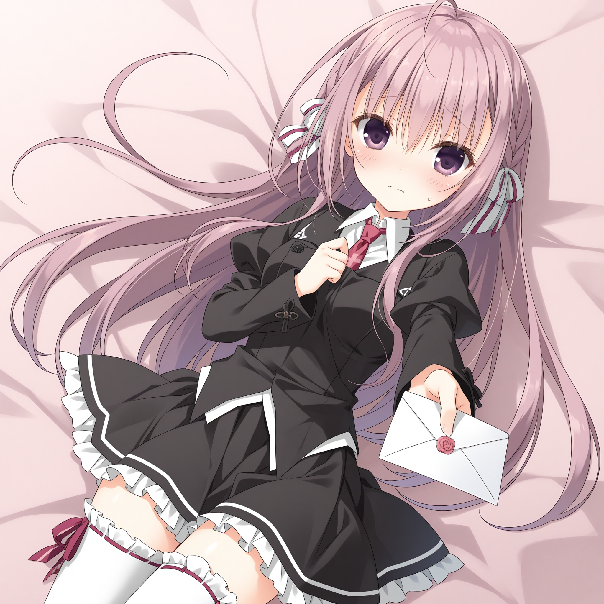<lora:Sakizaki_Sakurako_1_nai-000049:1>,Sakizaki Sakurako,
school uniform,white thighhighs,necktie,long sleeves,frilled skirt,frills,zettai ryouiki,frilled thighhighs,ribbon-trimmed legwear,black skirt,white shirt,red necktie,white ribbon,black jacket,collared shirt,blazer,juliet sleeves,
1girl,solo,front view,holding,holding envelope,envelope,blush,nervous,shy,reaching towards viewer,