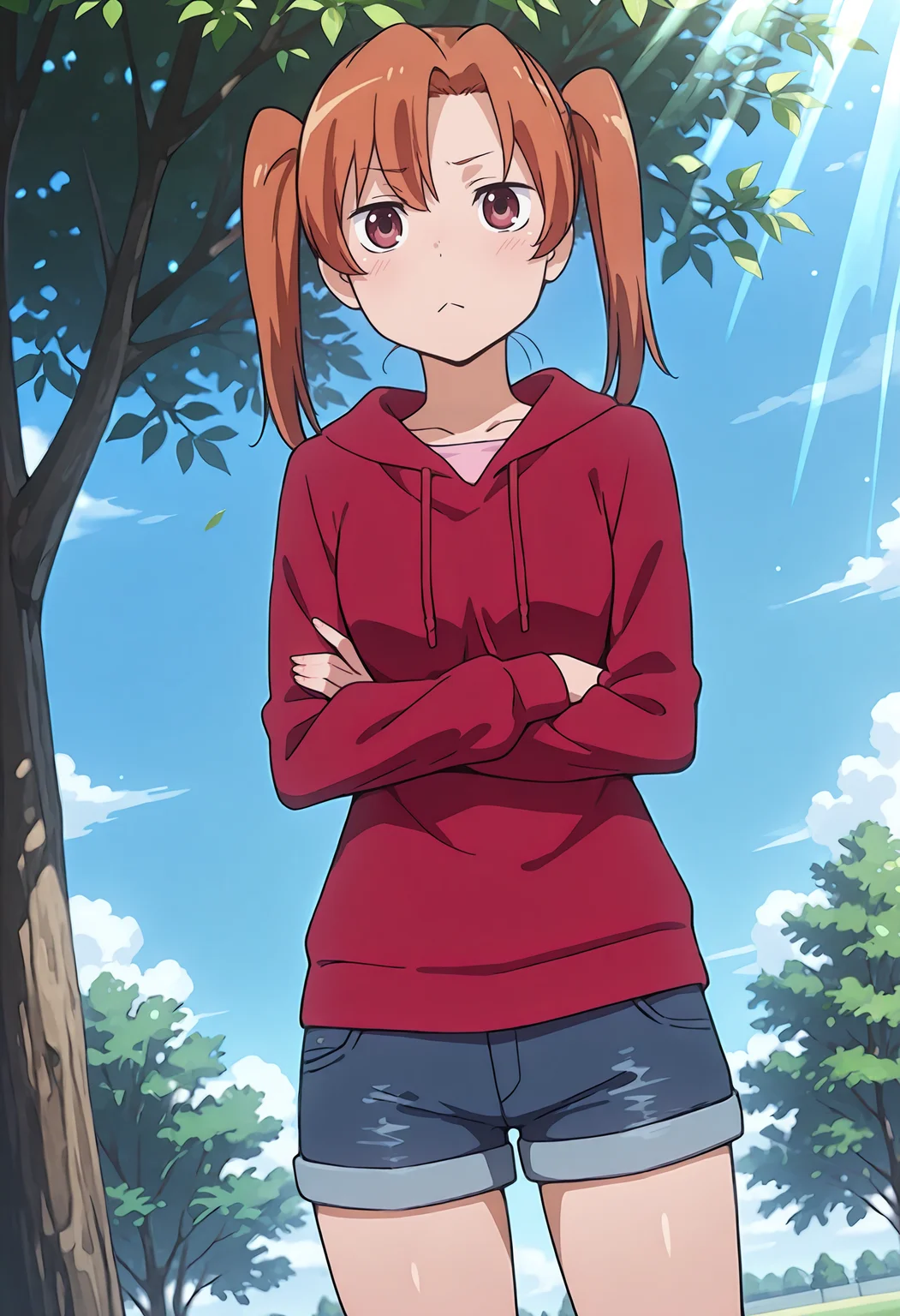 best quality, amazing quality, perfect quality, high quality, masterpiece, absolutely eye-catching BREAK
<lora:Toradora_-_Maya_Kihara:1> ToradoraMaya, dark red eyes, orange hair, long hair, parted bangs, twintails, small breasts BREAK
outdoors, park, tree, sunbeam, blue sky BREAK
1girl, solo, red hoodie, pink shirt, denim shorts, standing, arms crossed, :<, looking at viewer, dutch angle, cowboy shot