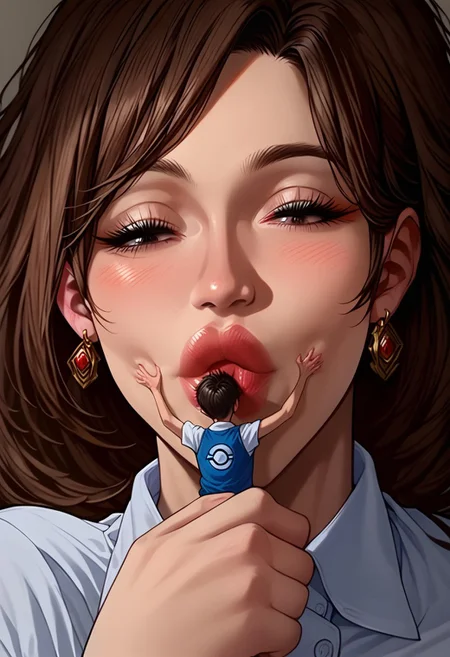((5 perfect fingers)),score_9, score_8_up, score_7_up, score_6_up, score_5_up, score_4_up,intricate detail, high res, 2d, comic drawing style, black, outlines,pokemon_(anime),Asian-Less2-Neg,
Giantess Kiss, 1girl (cerexa), Giant female, 1boy, miniature male, size difference, full-face kiss from giantess to miniature man, imminent kiss, female holding male with one hand, MALE FULL FACE PRESSED AGAINST LIPS, FEMALE KISSING FULL FACE, male face pressed into and facing lips, female sucking male face, full face kiss