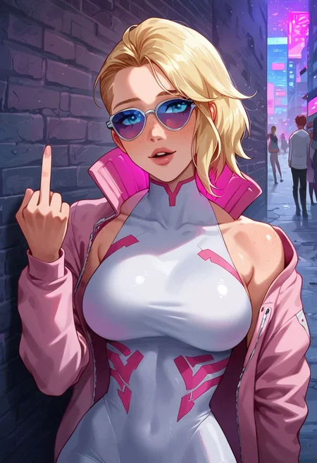 score_9, score_8_up, score_7_up, movie still, cutscene, 1 beautiful girl, mid back length blonde hair, soft, flirty, middle finger pushing up sunglasses, slender shoulders, buxom body, perfect figure, white high cut bodysuit, pink cyberpunk jacket, large breasts, cyberpop aesthetics, vaporware, neotokyo, 80s anime inspired, dark city, neon city background, late night, alley, posing leaned against a wall, city life, candid photo, busy street, nightlife, bystanders in background, delicate highly detailed facial features, facial freckles, face freckles, shiny skin, beautiful face, freckles, expressive blue eyes, full lips, long blonde hair, fair skin, large teardrop breasts, shapely hips, thick thighs, perfect skin, bladerunner inspired, attention to detail