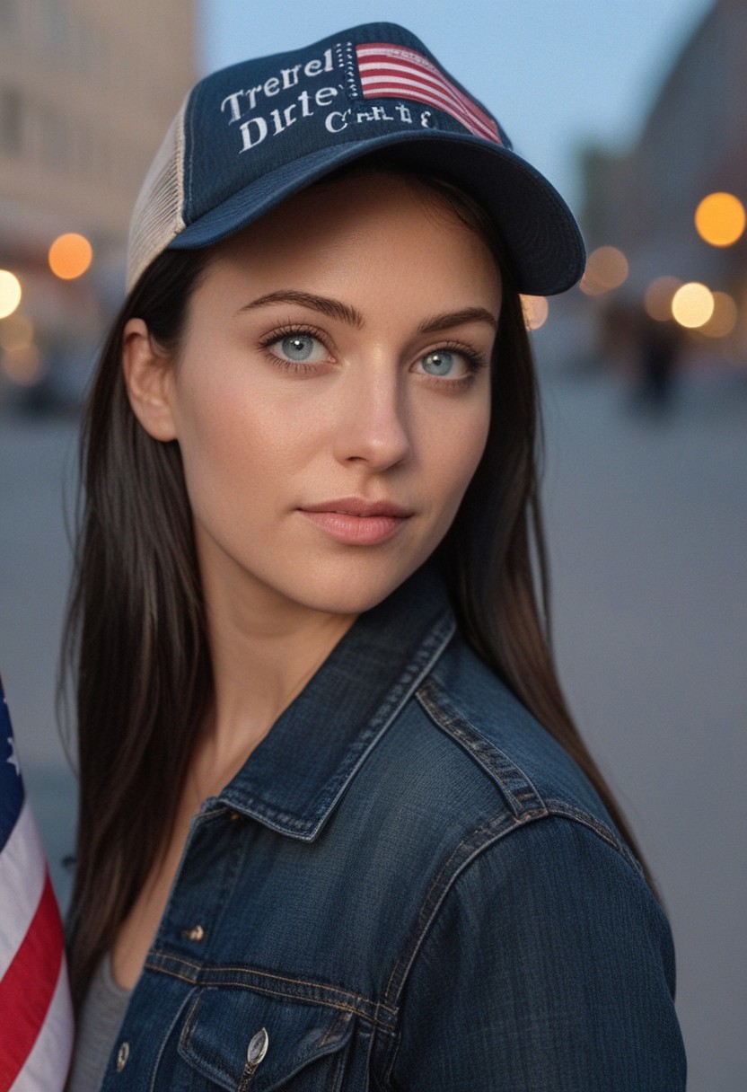 30yo woman holding an American flag.
Blue eyes. perfecteyes 
Wearing Denim jacket trucker hat. 
Long dark black slick back hair. No makeup. Dusk, Street light. Looking at camera POV. Slight smile, tilting head.. Tilt head.
Medium Close Up shot. Bokeh. Bokeh light. semi Blurred background.