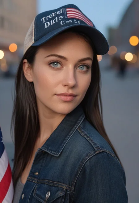 30yo woman holding an American flag.
Blue eyes. perfecteyes 
Wearing Denim jacket trucker hat. 
Long dark black slick back hair. No makeup. Dusk, Street light. Looking at camera POV. Slight smile, tilting head.. Tilt head.
Medium Close Up shot. Bokeh. Bokeh light. semi Blurred background.