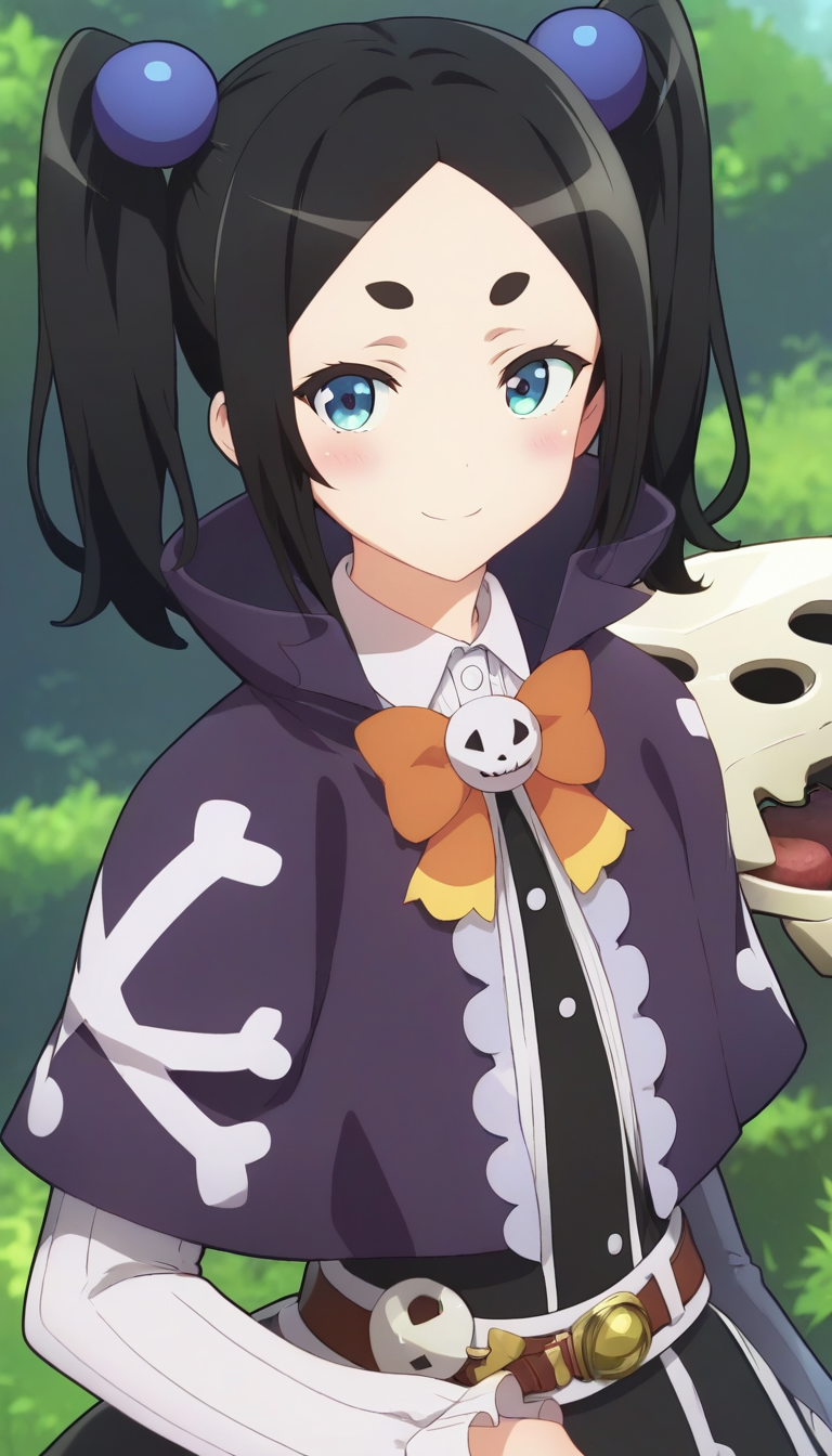 score_9,score_8_up,score_7_up,score_6_up BREAK official art,solo,outdoors,upper body,looking at viewer,facing viewer,smile,blush,Toxico Dannar,black hair,medium hair,twintails,hair bobbles,purple bobbles,thick eyebrows,short eyebrows,forehead,parted bangs,blue eyes,purple capelet,orange bowtie,skull ornament,frilled dress,black dress,collared shirt,white shirt,black pantyhose,boots,purple footwear,<lora:Toxico Dannar(ig)-Pony:1.6>,