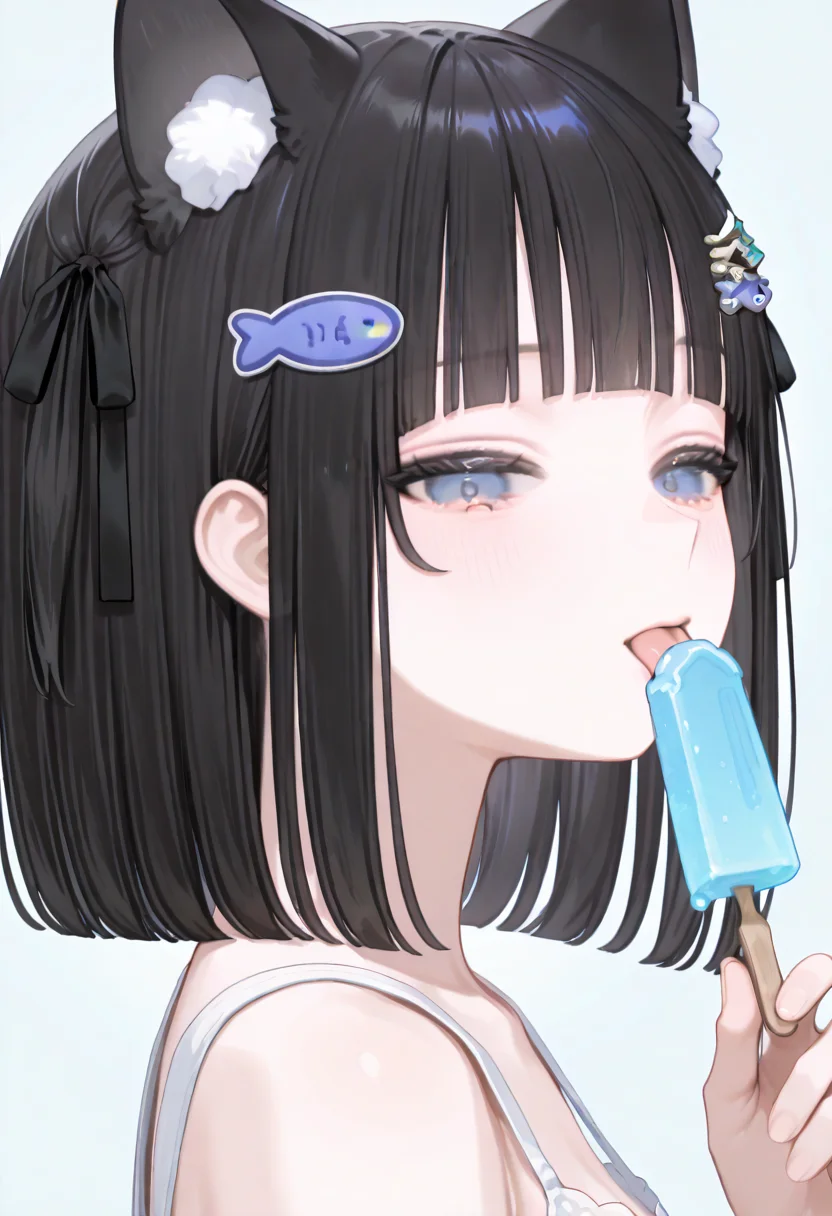 <lora:HandFixer_pdxl_Incrs_v1:1>, <lora:그림보ì ìì 기:0.5>, <lora:그림보ì ponyv6_noobV1_2_adamW-000017:1>, <lora:add-detail-xl:1.5>, <lora:NOOB_EPSv1_1_detailer_by_vlnvk_v1_0:1.5>, <lora:그림보ì ìì¸íë:1>, <lora:ratatatat74_XL_v2:0.8>, <lora:748cmSDXL:0.6>, masterpiece, best quality, amazing quality, distinct, super_detail, finely_detailed, mishoujo, very aesthetic, absurdres, highly detailed, beautiful eyes, detailed eyes, Illustration, score_9, score_8_up, score_7_up, score_6_up, 1girl, solo, NSFW, (portrait:1.5),
extreme closed, face focus, from side, petite, white sleeveless_dress, looking_at_viewer, pov, tongue_out, (licking ice_cream, holding ice cream), ice_cream, string, expressionless, simple background, side view,
<lora:ìºë¦í°_ë¨í¬:1>, blue_eyes, black_hair, blush, blunt_bangs, bangs, short_hair, twintails, animal_ears, cat_ears, animal_ear_fluff, ribbon, black_ribbon, hair_ribbon, hair_ornament, fish_hair_ornament, small_medium_breasts,