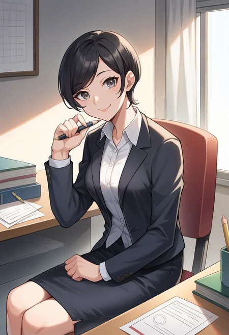score_9, score_8_up, score_7_up, source_anime BREAK 1girl, solo,  <lora:zs_TaeXL:1> taedsrk, black hair, bob cut, swept bangs, grey eyes, pencil skirt, white collared shirt, smile, mouth closed, cowboy shot, office, sitting, desk, chair