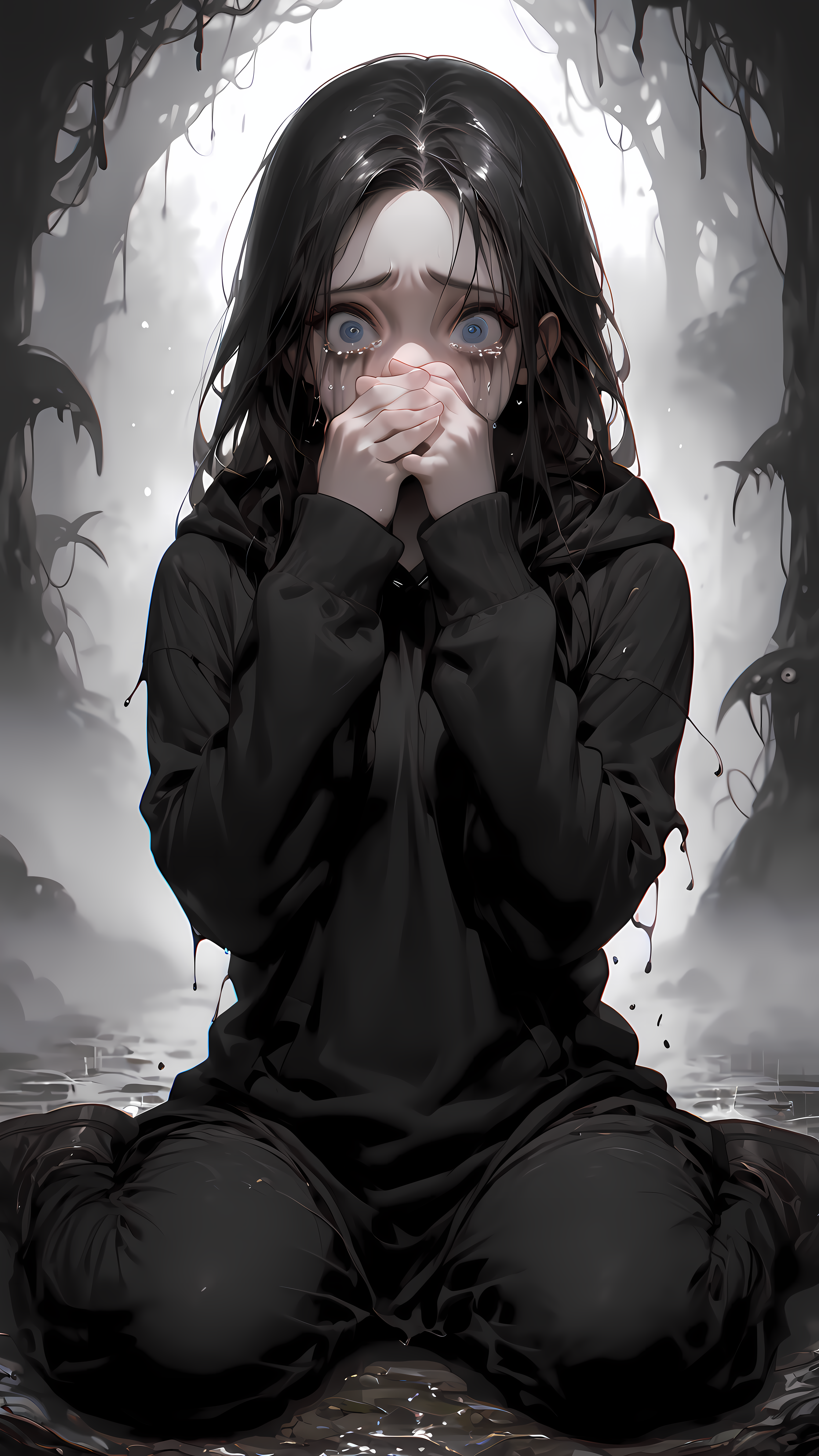 core_9, score_8_up, score_7_up, rating_safe,  dnd, d&d, fighter, dworf,
1girl, solo, long hair, black hair, scared, wide eyes, crying, tears, running mascara, black hoodie, black pans, white faced, unnatural blue eyes,
cold, fog, haze, monstrous background, black forest, black and white photo, fetal positions, looking at viewer, sitting on ground, facing viewer,
open jacket, shirt,small breasts, hands covering mouth, black pants, 
engulfing fangs, monster,  hazy background, heavy ground fog, boke, hazy background, white skin, pale skin, 
shadowed figure in back, swamp, (moster:1.3),
<lora:Expressive_H:1> <lora:Vixons Pomy Styles Gothic Neon:.45> <lora:disgusted_face_xl_goofy:1>