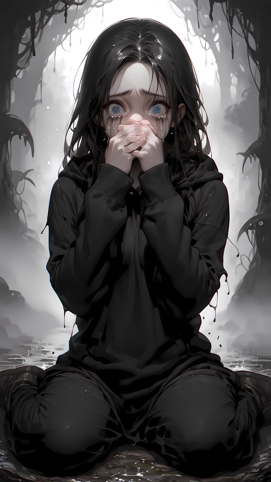 core_9, score_8_up, score_7_up, rating_safe, dnd, d&d, fighter, dworf,
1girl, solo, long hair, black hair, scared, wide eyes, crying, tears, running mascara, black hoodie, black pans, white faced, unnatural blue eyes,
cold, fog, haze, monstrous background, black forest, black and white photo, fetal positions, looking at viewer, sitting on ground, facing viewer,
open jacket, shirt,small breasts, hands covering mouth, black pants,
engulfing fangs, monster, hazy background, heavy ground fog, boke, hazy background, white skin, pale skin,
shadowed figure in back, swamp, (moster:1.3),
<lora:Expressive_H:1> <lora:Vixons Pomy Styles Gothic Neon:.45> <lora:disgusted_face_xl_goofy:1>