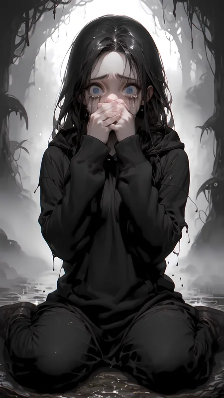 core_9, score_8_up, score_7_up, rating_safe, dnd, d&d, fighter, dworf,
1girl, solo, long hair, black hair, scared, wide eyes, crying, tears, running mascara, black hoodie, black pans, white faced, unnatural blue eyes,
cold, fog, haze, monstrous background, black forest, black and white photo, fetal positions, looking at viewer, sitting on ground, facing viewer,
open jacket, shirt,small breasts, hands covering mouth, black pants,
engulfing fangs, monster, hazy background, heavy ground fog, boke, hazy background, white skin, pale skin,
shadowed figure in back, swamp, (moster:1.3),
<lora:Expressive_H:1> <lora:Vixons Pomy Styles Gothic Neon:.45> <lora:disgusted_face_xl_goofy:1>