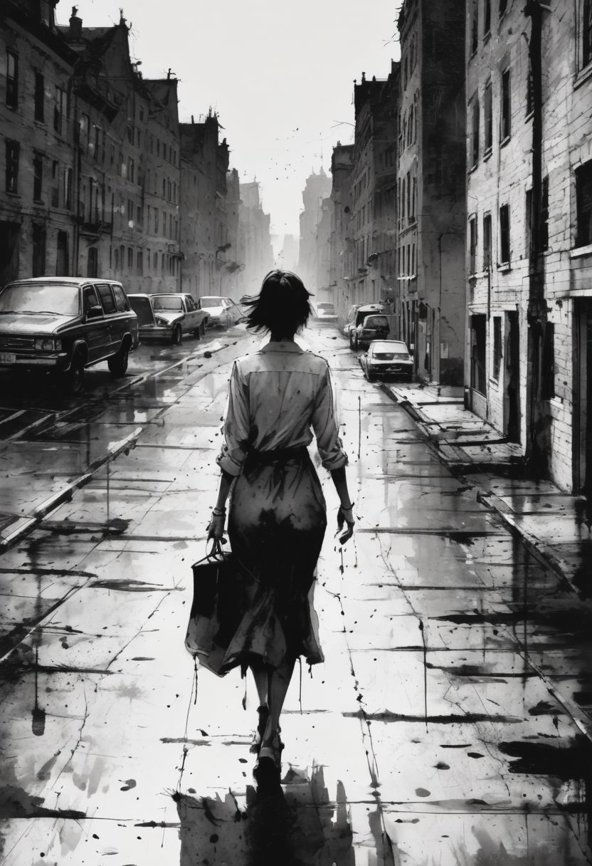 ink illustration, hauntingly beautiful scene of a woman walking through an empty city, ink splashes, rough ink sketch