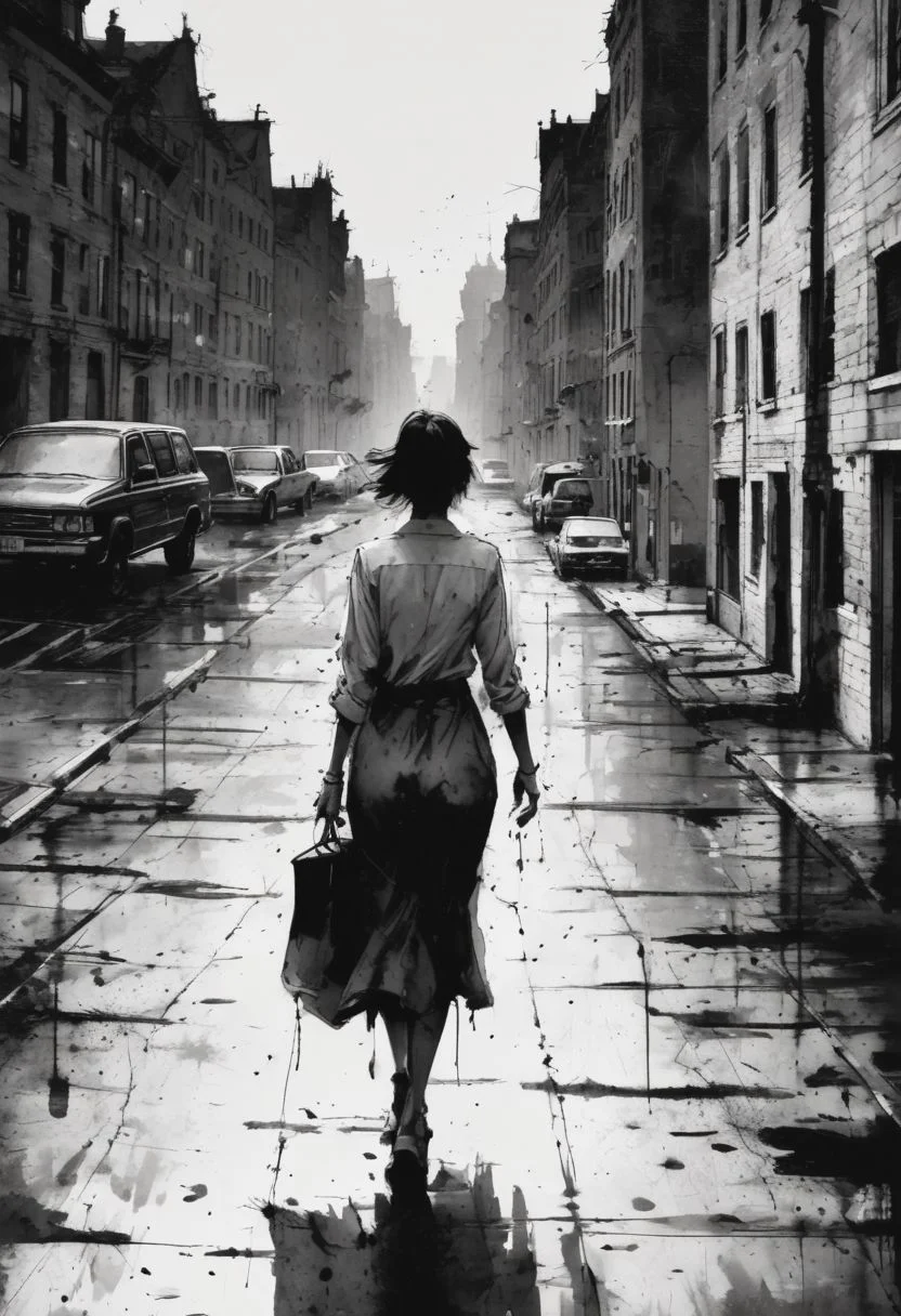 ink illustration, hauntingly beautiful scene of a woman walking through an empty city, ink splashes, rough ink sketch