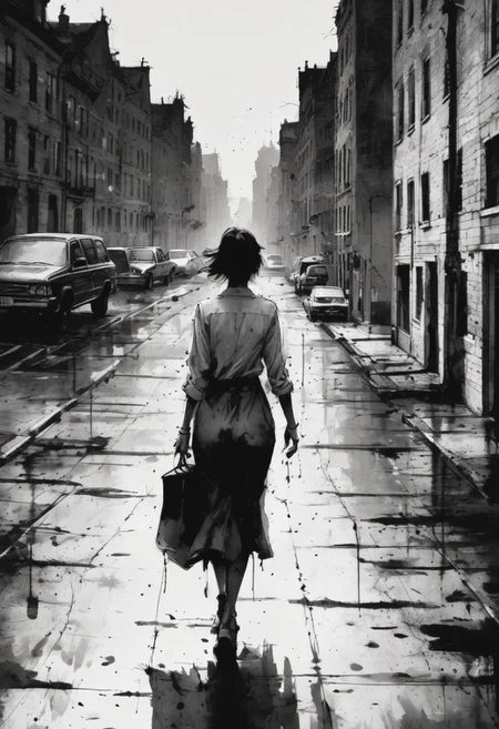 ink illustration, hauntingly beautiful scene of a woman walking through an empty city, ink splashes, rough ink sketch