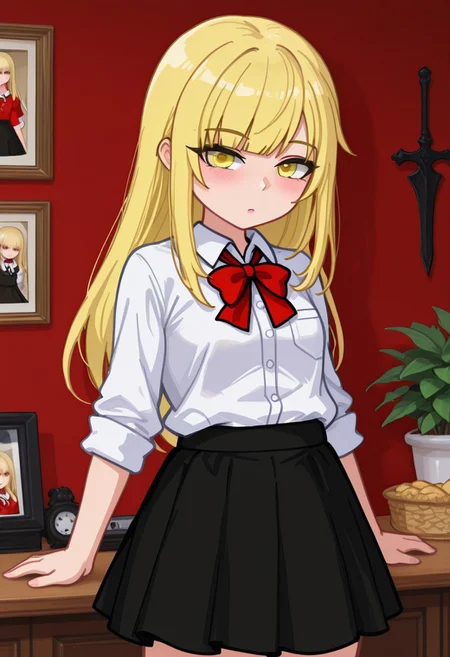 masterpiece,best quality,amazing quality,Yumeko, GachaYumeko, Gacha, Blonde, long hair, straight bangs, yellow eyes, white shirt, red bow on the shirt, black skirt
