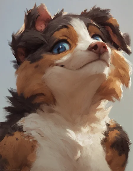australian shepherd, face pic, blue eyes, happy, smiling, anthro, furry, 
 <lora:Nomax:1>, score_9, score_8_up, score_7_up, score_6_up, score_5_up,