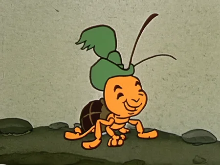 A cockroach smiling, wearing a green hat, moss and asphalt background, Rune Andreasson style <lora:Rune_Andreasson_Style_V2:1>
