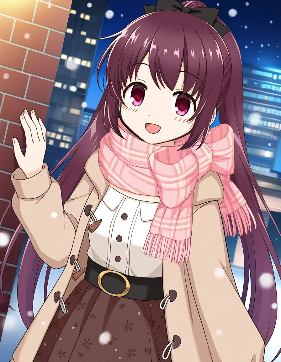 masterpiece, best quality, newest, absurdres, highres, safe, 1girl, amane tsukasa \(winter costume\), magia record: mahou shoujo madoka magica gaiden, solo, open mouth, snowing, outdoors, dutch angle, <lora:amane_tsukasa_noobaiXLNAIXL_vPred10Version:0.7>