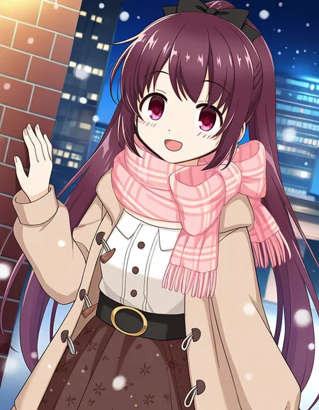 masterpiece, best quality, newest, absurdres, highres, safe, 1girl, amane tsukasa \(winter costume\), magia record: mahou shoujo madoka magica gaiden, solo, open mouth, snowing, outdoors, dutch angle, <lora:amane_tsukasa_noobaiXLNAIXL_vPred10Version:0.7>