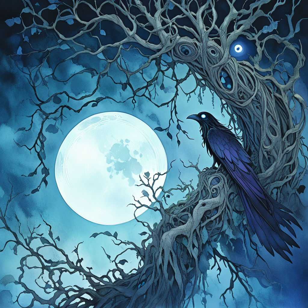 <lora:Dark_GhibliSDXL:1> Studio Ghibli Dark Fairytale, The image is a digital illustration of a dark and eerie scene with a full moon in the background. The sky is a deep blue with a hint of purple and the moon is partially obscured by the branches of a tree on the right side of the image. The tree has a large gnarled trunk and branches that are covered in leaves and vines. On the left side there is a small bird perched on one of the branches. The bird appears to be a raven with its wings spread wide and its head turned to the side. The overall mood of the illustration is dark and mysterious., moon, tree, nature, glowing, full moon, solo, glowing eyes, forest, night, no humans