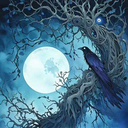<lora:Dark_GhibliSDXL:1> Studio Ghibli Dark Fairytale, The image is a digital illustration of a dark and eerie scene with a full moon in the background. The sky is a deep blue with a hint of purple and the moon is partially obscured by the branches of a tree on the right side of the image. The tree has a large gnarled trunk and branches that are covered in leaves and vines. On the left side there is a small bird perched on one of the branches. The bird appears to be a raven with its wings spread wide and its head turned to the side. The overall mood of the illustration is dark and mysterious., moon, tree, nature, glowing, full moon, solo, glowing eyes, forest, night, no humans
