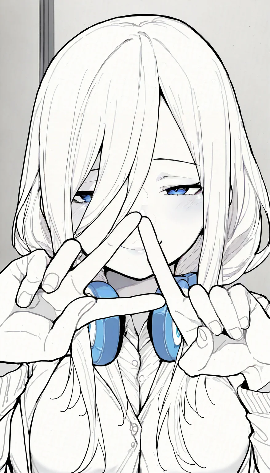 masterpiece, best quality, 1girl, nknmkdefjckt, blue eyes, long hair, hair between eyes, large breasts, headphones around neck, school uniform, shirt, cardigan, open jacket, jacket, long sleeves, <lora:NakanoMiku_illusXL_Incrs_v1-000012:1>, indoors, v, pointing up, straight-on, monochrome, spot color, seductive smile,