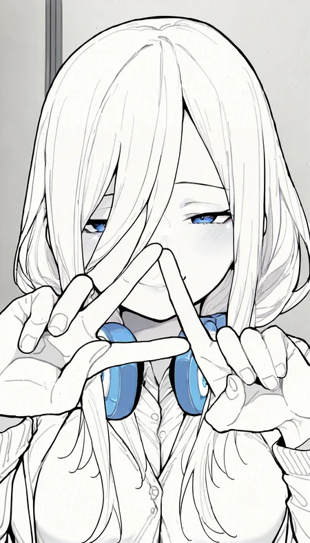 masterpiece, best quality, 1girl, nknmkdefjckt, blue eyes, long hair, hair between eyes, large breasts, headphones around neck, school uniform, shirt, cardigan, open jacket, jacket, long sleeves, <lora:NakanoMiku_illusXL_Incrs_v1-000012:1>, indoors, v, pointing up, straight-on, monochrome, spot color, seductive smile,