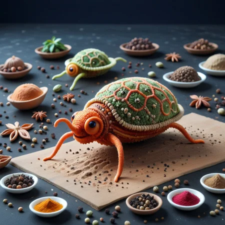A highly detailed, vibrant strange creature made of herbs floating in space, Herbs_Morf, strange little creatures