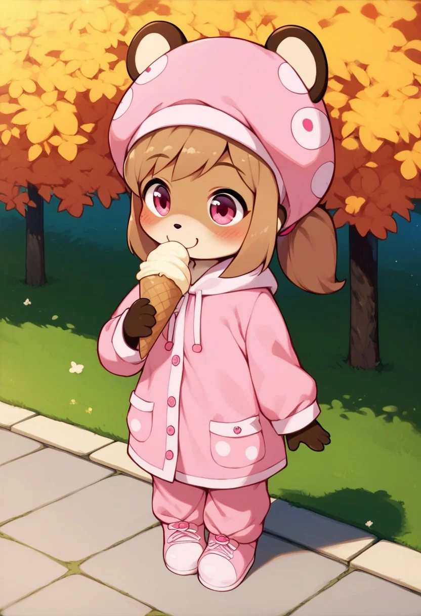 (score_9:0.9,score_8_up,score_7_up, semi-realistic)
(1girl, hat-girl, :3, tanuki girl:1.1, furry:1.3, animal, cute round hat, light brown hair, sidelocks, ponytail, pink eyes, pink pajamas, pink skirt, pink cute shoes, hand paws, mouth white spots)
(dagasi_style, outdoor, park, holding ice cream)
((chibi))