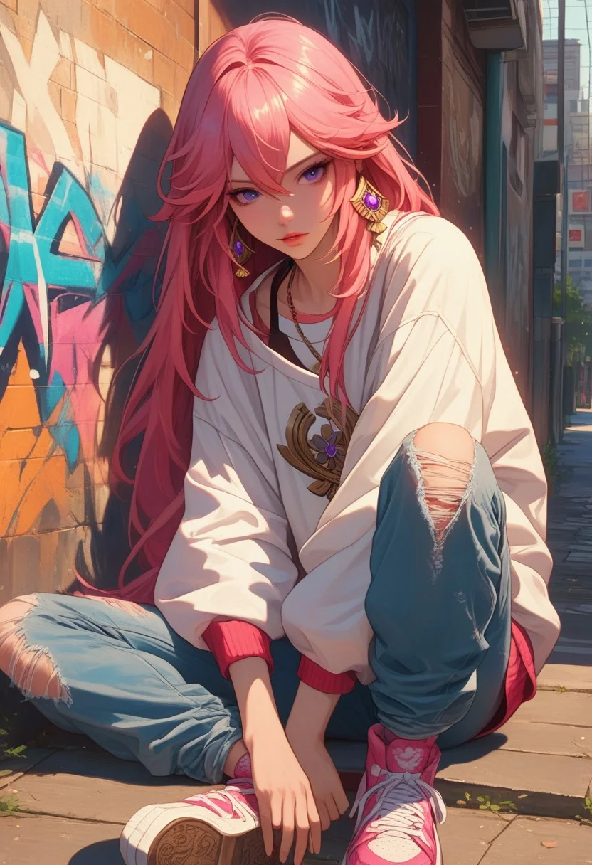score_9, score_8_up, score_7_up, score_6_up, best quality, easynegative, detailed skin,perfect eyes, detailed face, 1girl, Yae Miko, streetwear aesthetic, pastel pink hair, loose hoodie with intricate sakura patterns, oversized jacket, ripped skinny jeans, chunky sneakers, layered necklaces, small gold earrings, anime-style illustration, vibrant urban backdrop with graffiti, youthful vibe, casual pose, energetic and playful, sunset lighting, city streets, high contrast colors, contemporary street fashion, trendy aesthetic, dynamic pose,