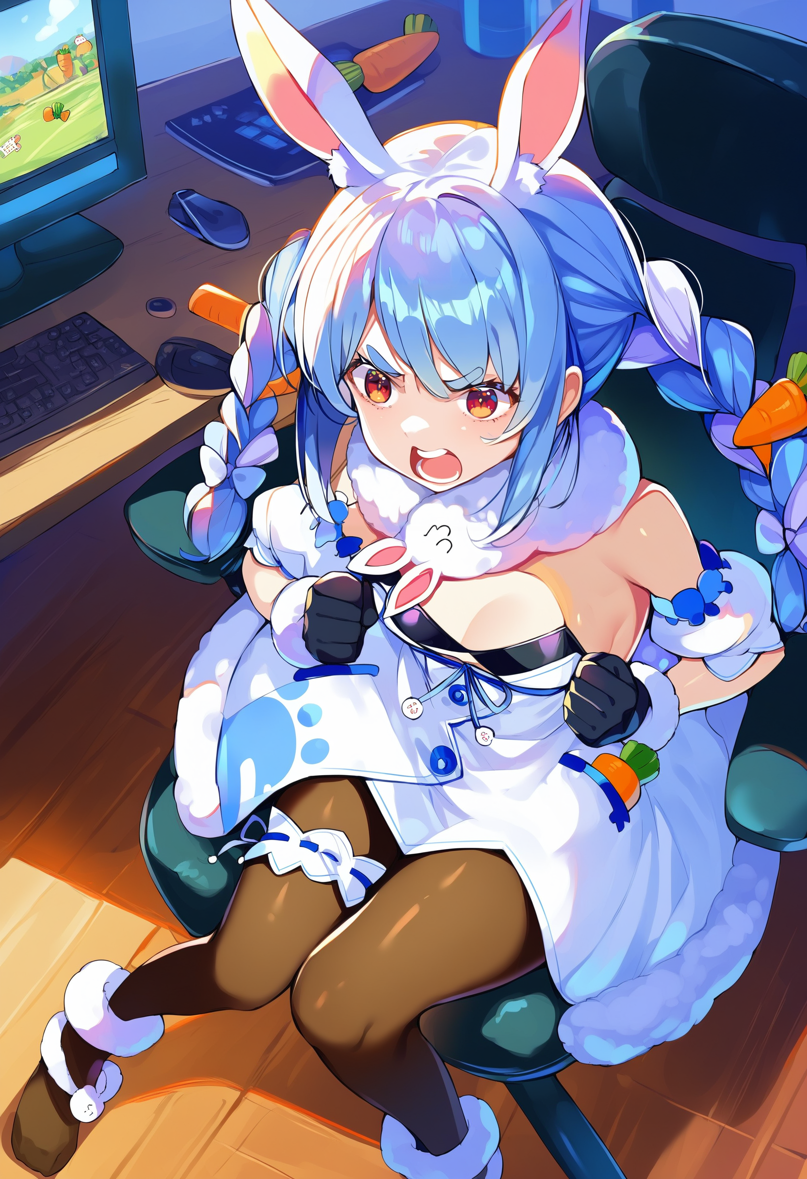 score_9, score_8_up, score_7_up, score_6_up, source anime,
usada pekora, rabbit girl, rabbit ears, animal ear fluff, rabbit tail, twin braids, carrot hair ornament, thick eyebrows,
usada pekora base, detached sleeves, black gloves, fur scarf, bare shoulders, white dress, black pantyhose, bridal garter,
 angry, indoors, gaming chair, sitting, monitor, upper teeth only, clenched hands, sitting, desk slam, from above
<lora:usada_pekora_v1:1>