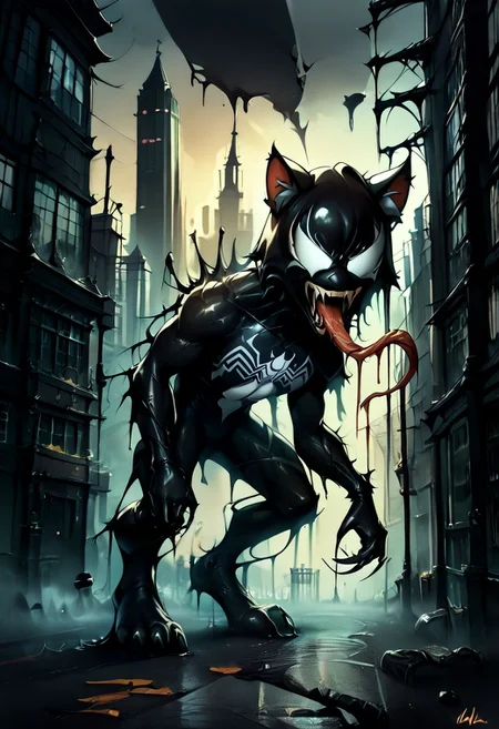 score_9, score_8_up, score_7_up, soruce_anime, fca style, cover in black goo, 1girl, solo, necoarc, black hair, face covered in black goo, cat ears, :3, smile, chibi, s1m13073, saliva, ((long tongue:1.1)), claws, black bodysuit, no humans, sharp teeth, ((no eyes:1.2)), monster, ((angry eyes:1.1)), ((open mouth:1.1)), ((hunchback:1.1)), hissing, screeching, outdoors, city, lone alleyway, NightScapes, ((nighttime:1.2)), looking at viewer