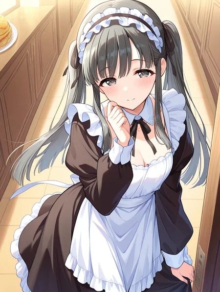 masterpiece,best quality,very aesthetic,absurdres,highres,newest,
1girl,solo,
kbykwse miyabinigohoushi,kobayakawa sae,black eyes,black hair,
dress,long hair,alternate costume,apron,black dress,black footwear,black ribbon,
blush,collarbone,detached collar,enmaided,frilled hairband,frills,hairband,
long sleeves,maid,neck ribbon,ribbon,sidelocks,twintails,white apron, long dress
<lora:idolmaster_kobayakawa_sae_ill_v1.0:1>,