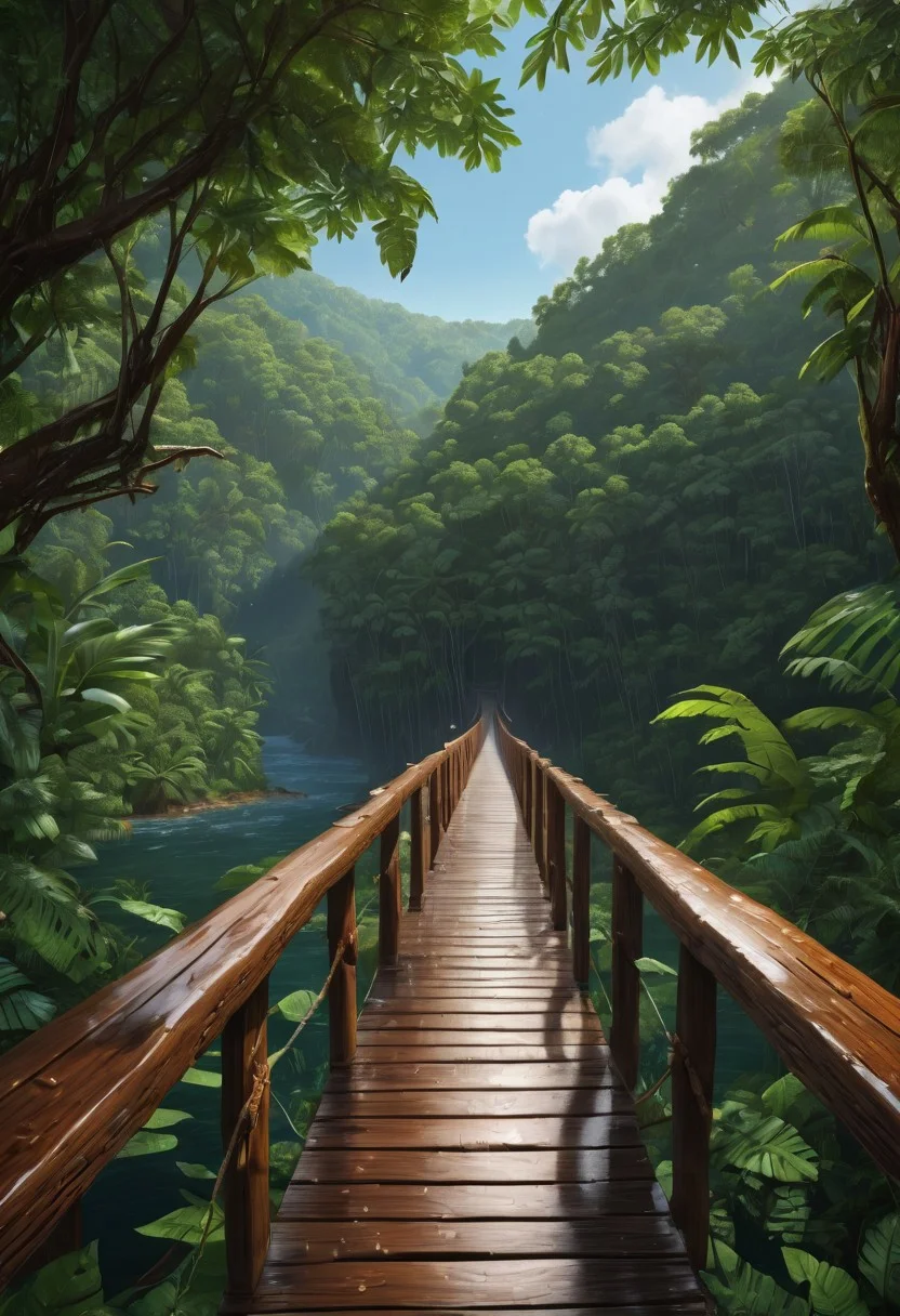 8k, breathtaking, view at the wooden bridge in the rainforest, masterpiece, highly detailed, undefined, wet leaves, clear sky, style-nebmagic