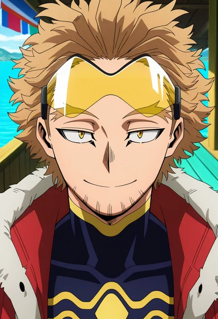 masterpiece, best quality, , anime screencap, anime coloring, official style, looking at viewer, 1boy, solo, male focus, <lora:keigo_takami_ilxl:0.96>, keigo_takami, hawks \(boku no hero academia\), blonde hair, yellow eyes, short hair, facial hair, stubble, tinted eyewear, goggles, floating market, wooden boats, colorful awnings, water ripples, bargaining pose, friendly smile, early morning,
