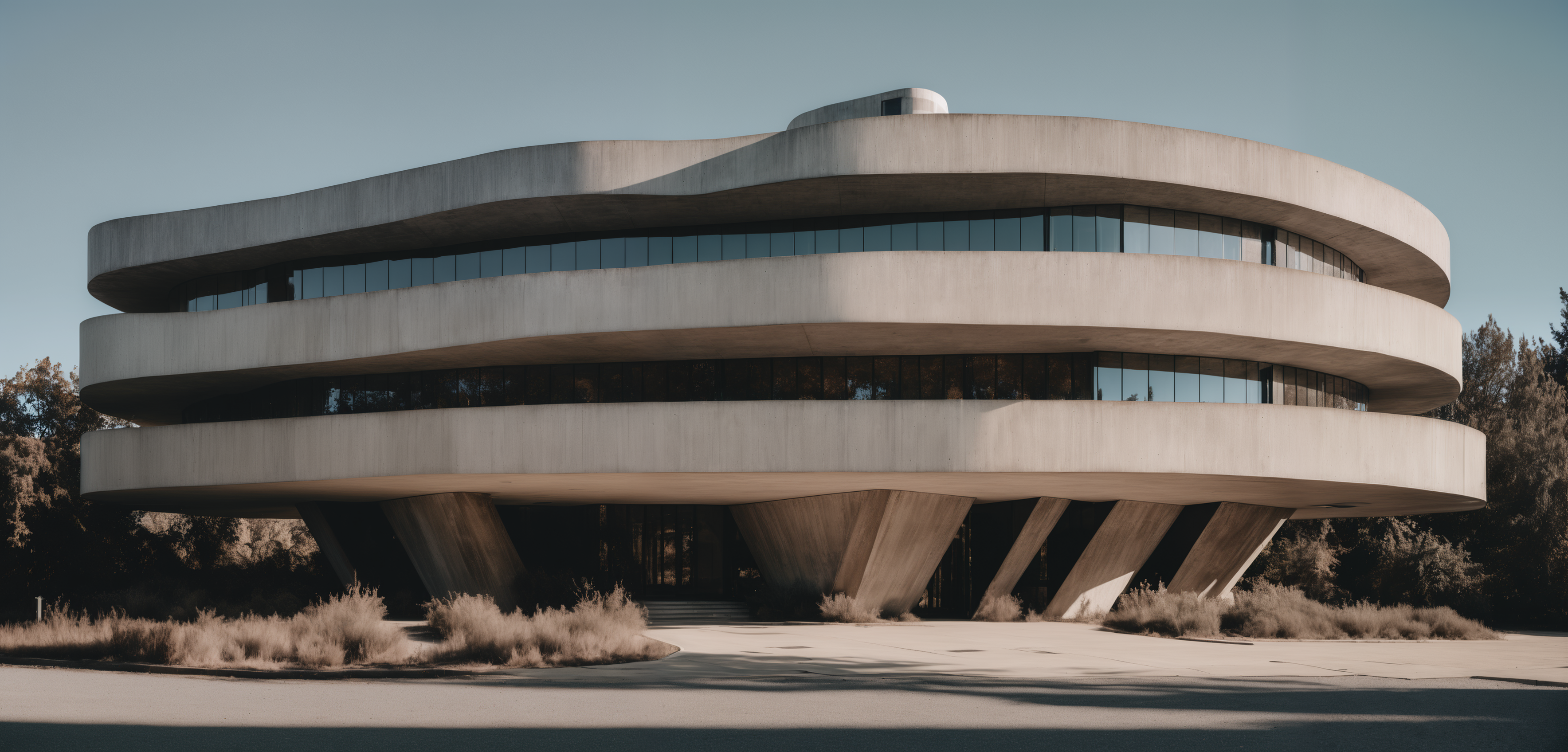a hyperrealism glamour photo of futuristic complex office building for secret services, hidden, brutalist, at noon, masterpiece, best quality, photograph, dreamlike, face focus, intricate details, sharp focus, photography, photorealism, photorealistic, 8k, soft focus, volumetric light, (****), eldritch,(intricate details), (hyperdetailed), 8k hdr, high detailed, lot of details, high quality, soft cinematic light, dramatic atmosphere, atmospheric perspective,